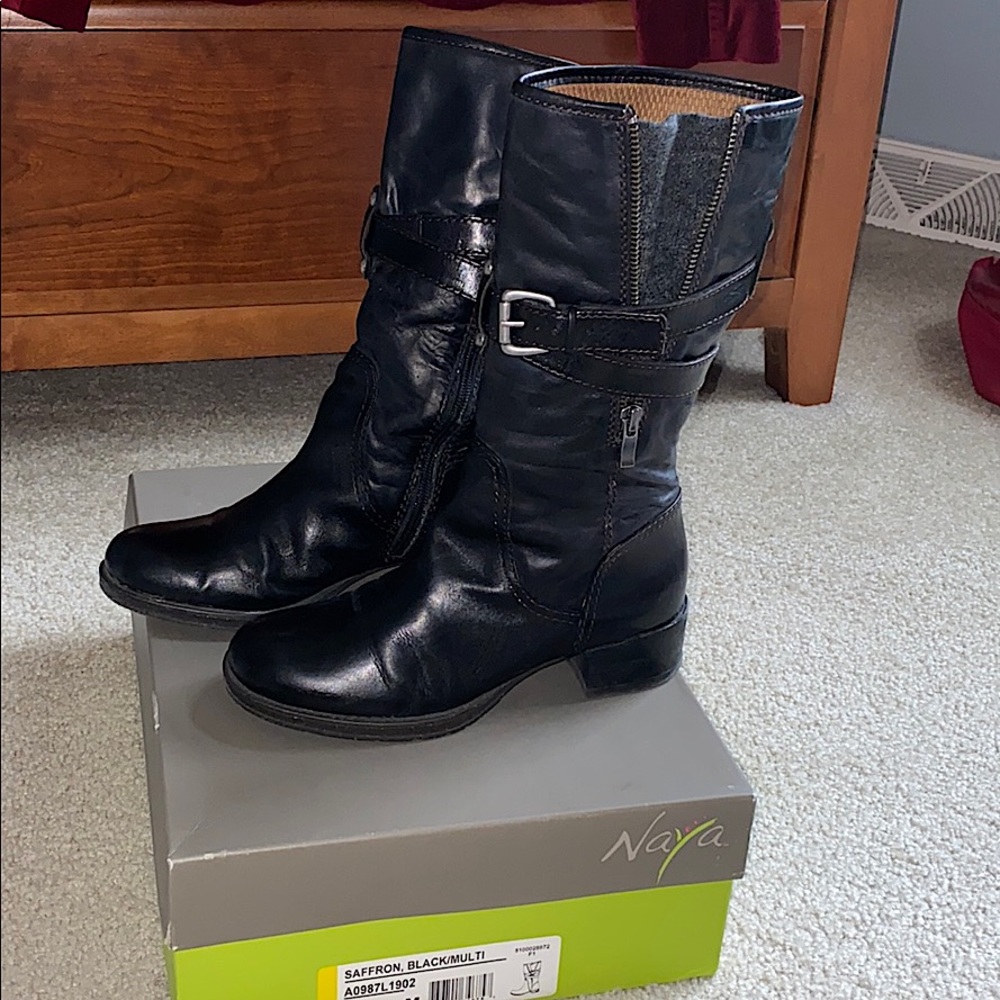 Naya Saffron Black Leather Mid-Calf Boot 5.5 w Box